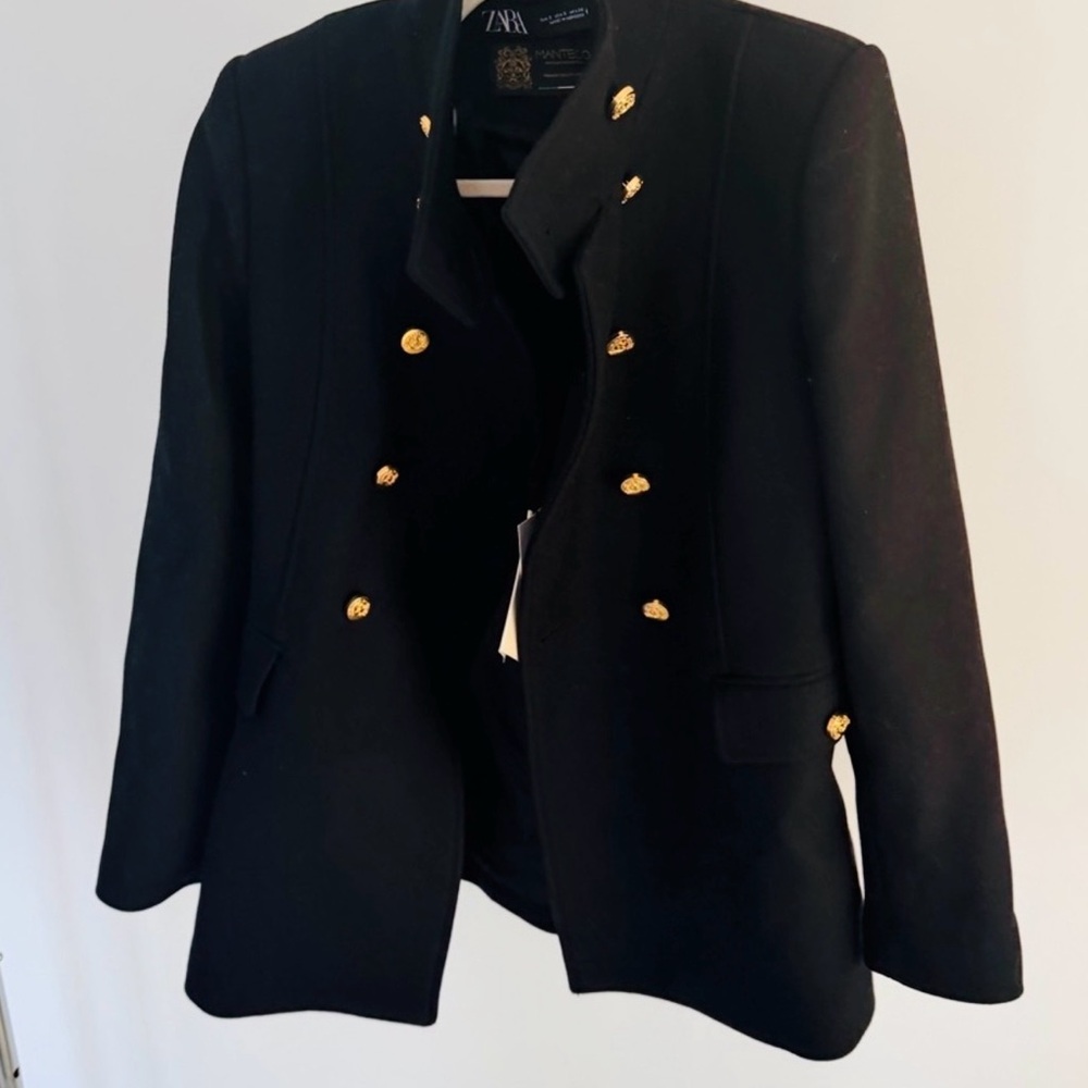 NEW NWT ZARA women wool coat jacket blazer with Gold Accents, size S, black